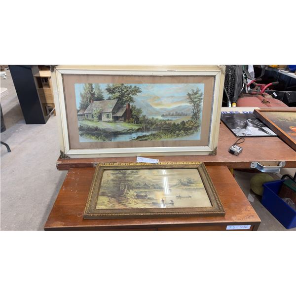 Two Vintage Framed Landscape Prints, Cottage by Stream by Chandler and More, Largest 17 1/2 x 32"