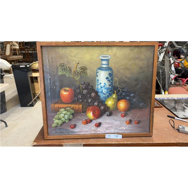Bartholette Still Life Oil Painting of Fruit and Vase in Oak Frame, 21 1/2 x 25 1/20