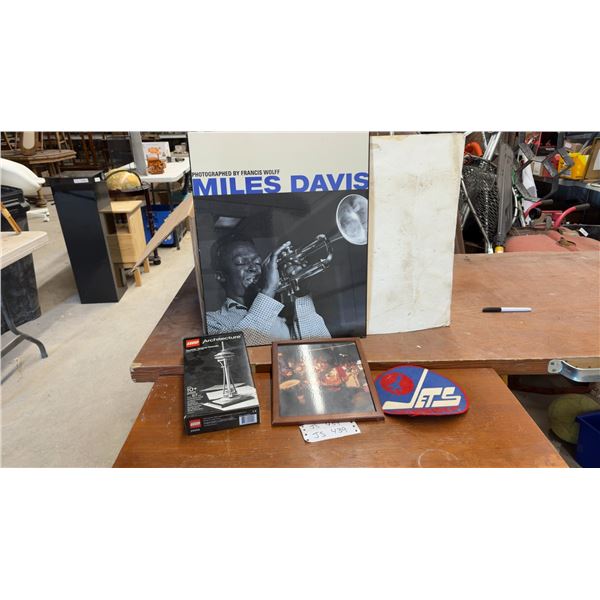 LEGO Architecture Seattle Space Needle, Miles Davis Picture on Hardboard, 20 x 16" and Jets Crest