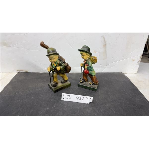 Pair of Vintage Devon Ware: Boy Traveler Figurines with Walking Sticks, Tallest 7 1/2"