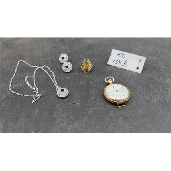 Waltham Gold Ladies Changeover Pocket Watch, Silver-Tone Sapphire Style Necklace with Matching Stud