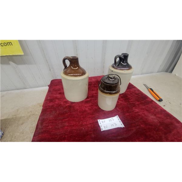 Two-Tone Stoneware Jugs with Albany Slip Glaze and Bail-Handle Crock Lot