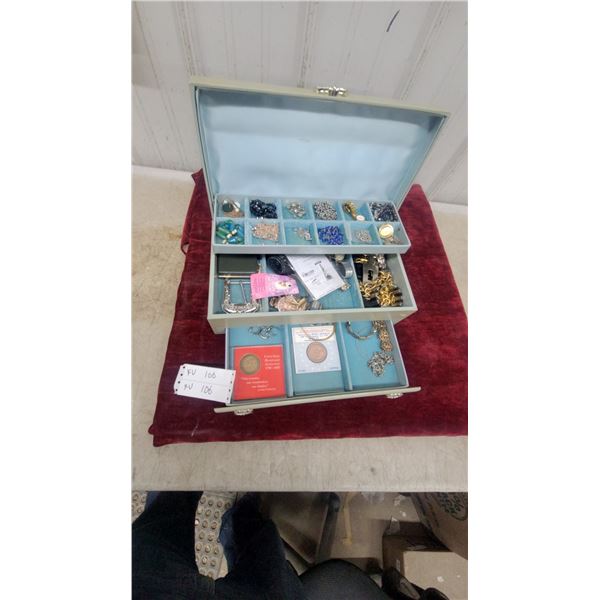 Vintage Jewelry Box with Costume Jewelry, Watches, Commemorative Coins, and More