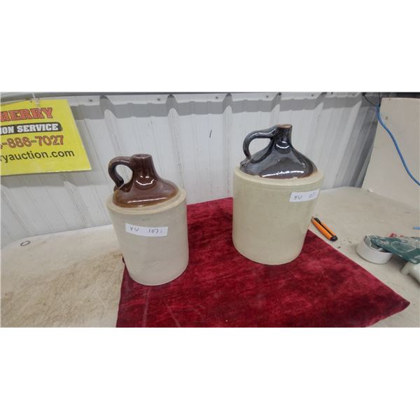Two-Tone Stoneware Jugs with Brown Glaze Tops and Handles, Lot of 2