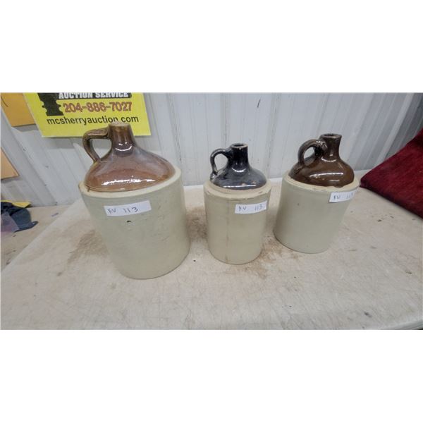 Three Antique Two-Tone Stoneware Jugs with Glazed Necks and Handles, Assorted Sizes0