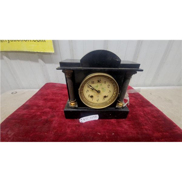 Antique Black American Newhaven Slate Mantel Clock with Fluted Columns and Floral Dial, Circa 1900
