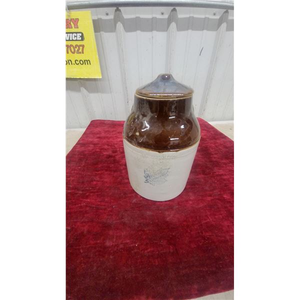 Western Stoneware Company Two-Tone Brown and White Lidded Stoneware Jar with Maple Leaf Logo