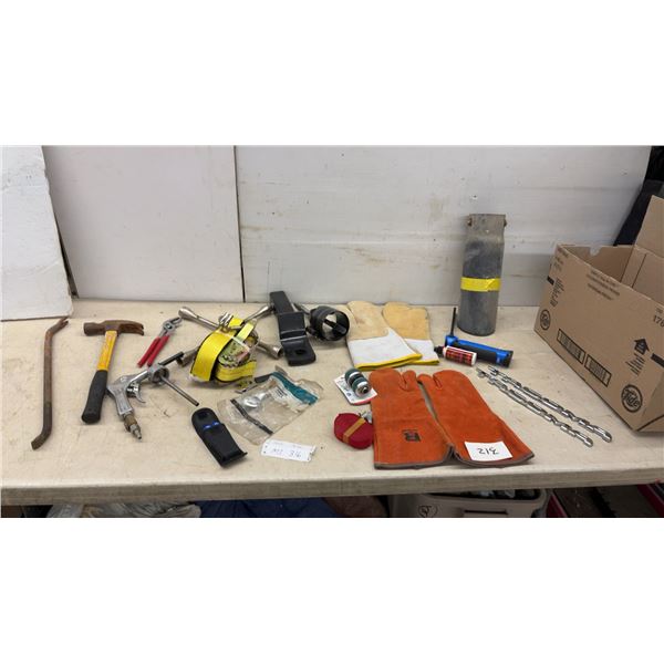 Assorted Hand Tools Including Hammer, Pry Bar, Pliers, Air Blow Gun, Welding Gloves, and More
