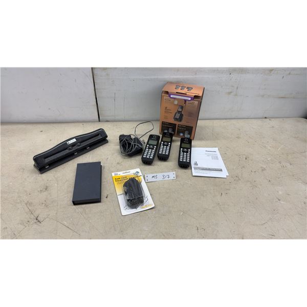 Panasonic KX-TGC383C 3-Handset Cordless Phone, Hole Punch, Coil Cord, and More