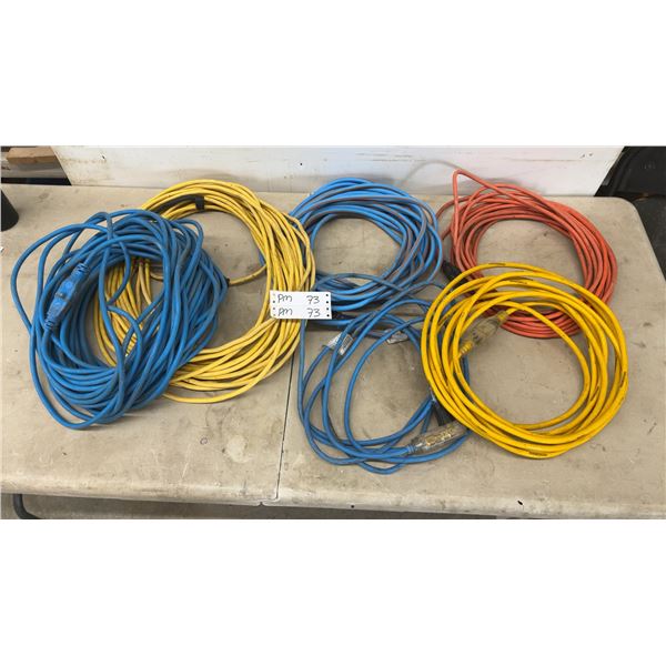 Lot of Six Assorted Electrical Extension Cords in Blue, Yellow, and Orange