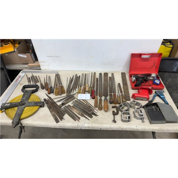 Assorted Files, Rasps, Victor Drill Index, Soldering Kit, Pop Riveter, Clamps, and More