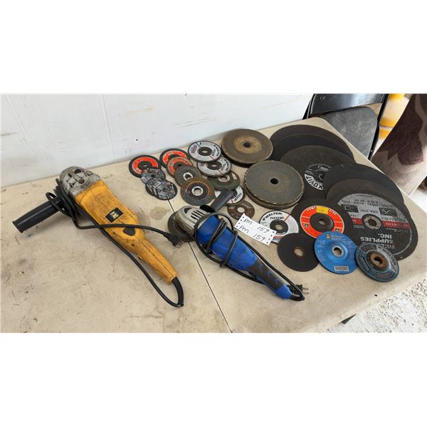 Power Fist 7" Angle Grinder, Mastercraft 4 1/2" Angle Grinder, and Assorted Discs