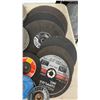 Image 4 : Power Fist 7" Angle Grinder, Mastercraft 4 1/2" Angle Grinder, and Assorted Discs