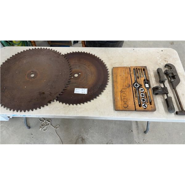 Two Vintage Circular Saw Blades, Tap and Die Set in Wood Case, and Pipe Cutters