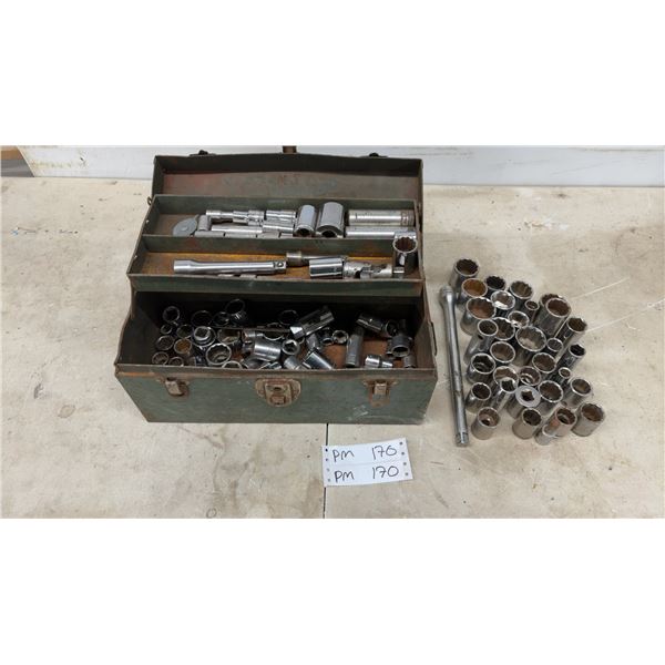 Large Lot of Assorted Sockets, Extensions, and Adapters in Green Metal Cantilever Toolbox