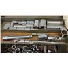 Image 5 : Large Lot of Assorted Sockets, Extensions, and Adapters in Green Metal Cantilever Toolbox