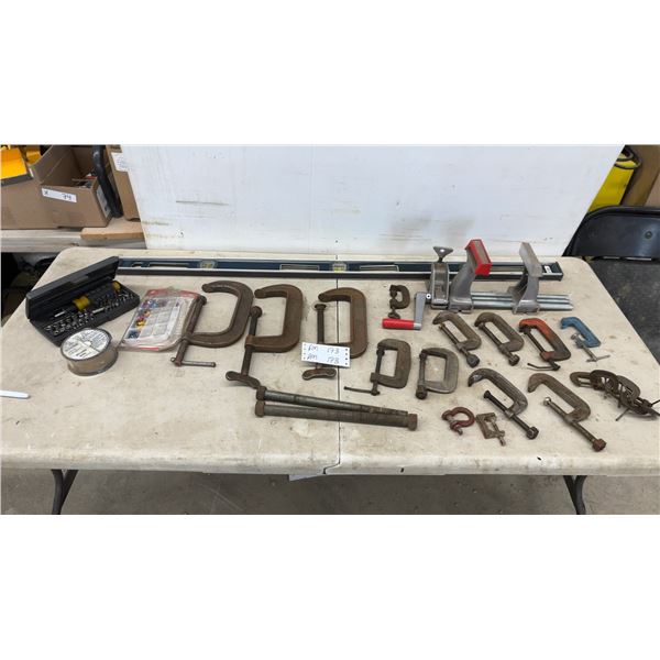 Assorted C-Clamps Including Mastercraft 4", Vise, Level, Socket Set, and More