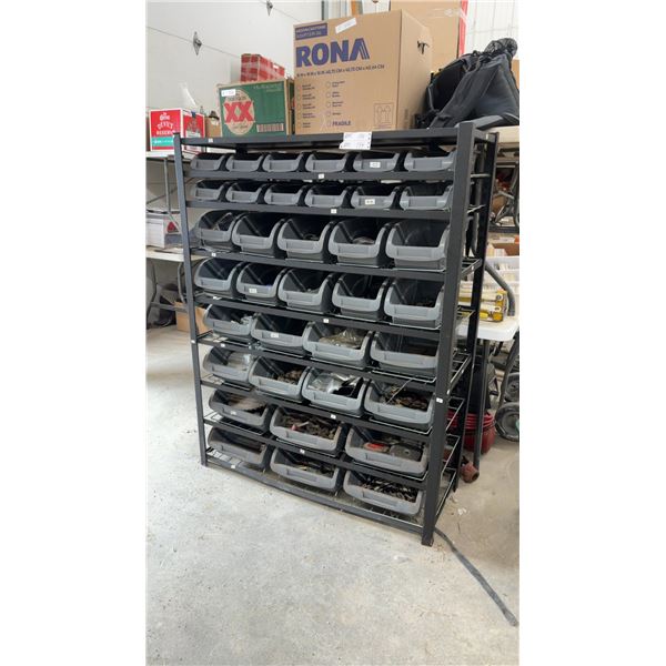 Metal Storage Bin Rack with 30 Grey Bins and Assorted Nuts, Bolts, Washers, and More 44-1/
