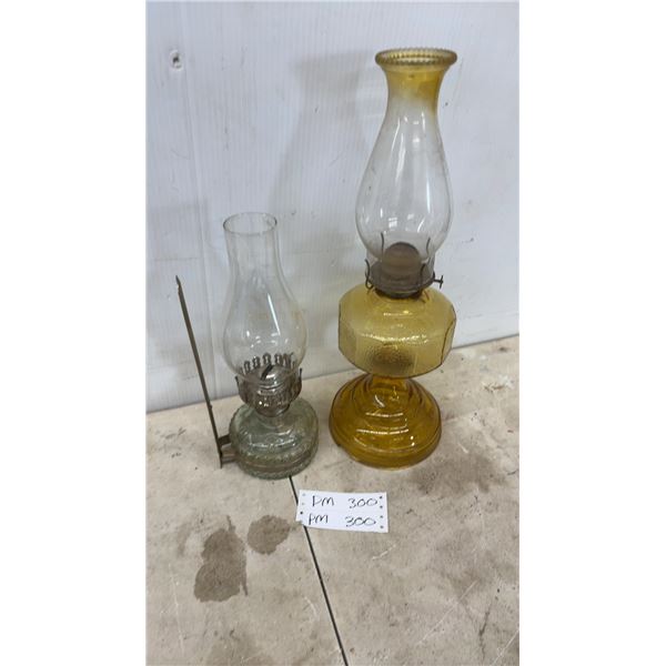 Two Vintage Glass Kerosene Oil Lamps with Chimneys, Clear Wall-Mount and Amber