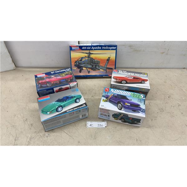 Five Modeks: AMT 1966 Ford Mustang Hardtop 1/25 Scale, Monogram Corvette, Apache Helicopter