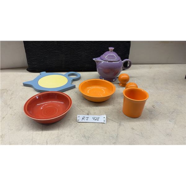 Fiesta by Homer Laughlin Teapot, 2 Bowls, Salt and Pepper Shakers, Trivet