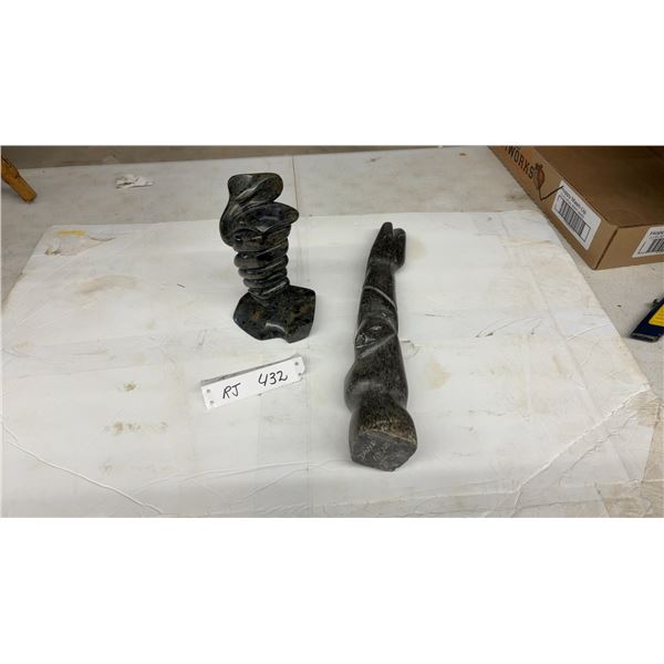 Two Soapstone Sculptures Including T. Jakes 1995 Abstract, 6 1/2" H and Inuit Animal Carving, 15" H