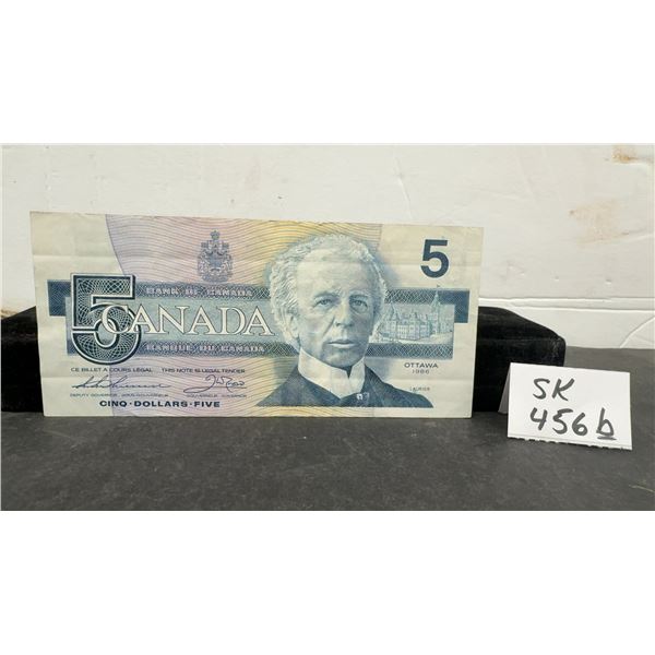 1986 Bank of Canada Five Dollar Banknote, Birds of Canada Series, Serial FOS7153467
