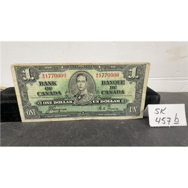 1937 Bank of Canada One Dollar Banknote, King George VI, Serial w/N 1770000