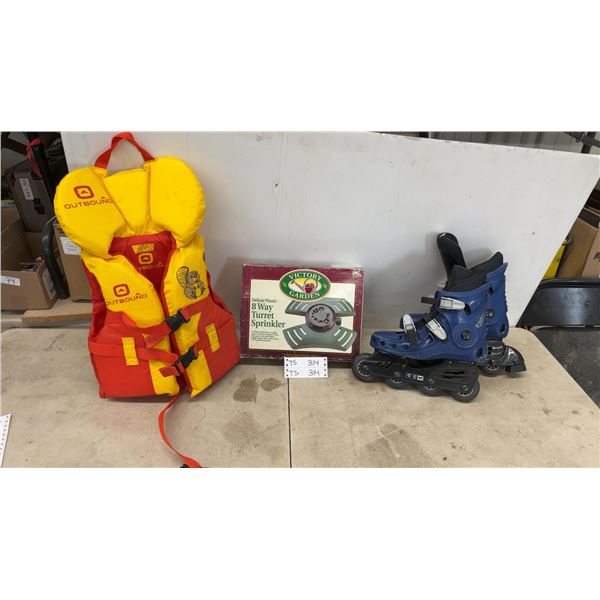 Outbound Child Life Vest, Victory Garden 8-Way Turret Sprinkler, and CCM Inline Skates