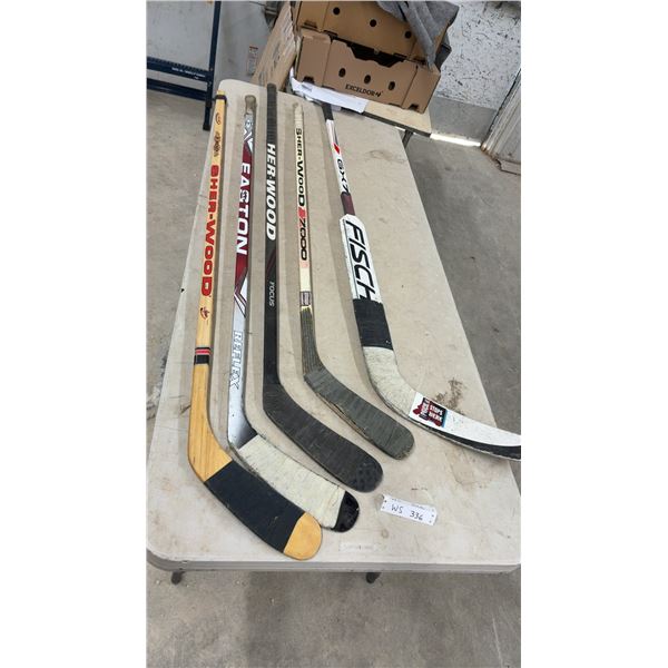 Four Left Hockey Sticks & Goalie Stick, Sher-Wood 3300, Easton Reflex, Sher-Wood 7000, Fischer GX7