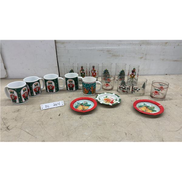 Christmas Nutcracker Ceramic Mugs, Holiday Glasses, 3 Vintage Tin Ashtrays, and More