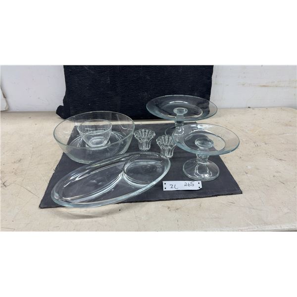 2 Clear Glass Pedestal Cake Stands, Chip and Dip Bowl Set, Oval Divided Dish, and More