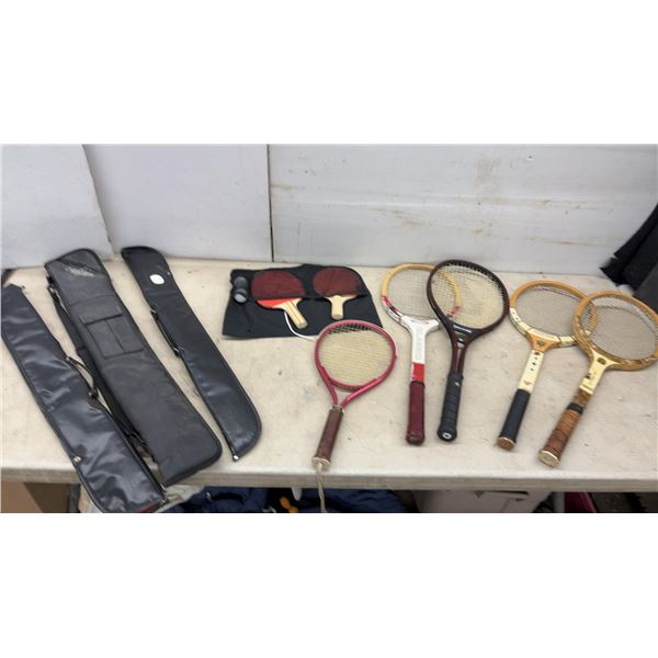 Vintage Wightman and Rawlings Finalist Tennis Racquets, Ping Pong Set, Pool Cue Cases and More