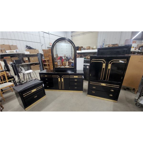 Black Lacquer and Gold Trim Bedroom Set with Dresser63 x 30 x 16.6", Mirror, 45 x 36" Chest