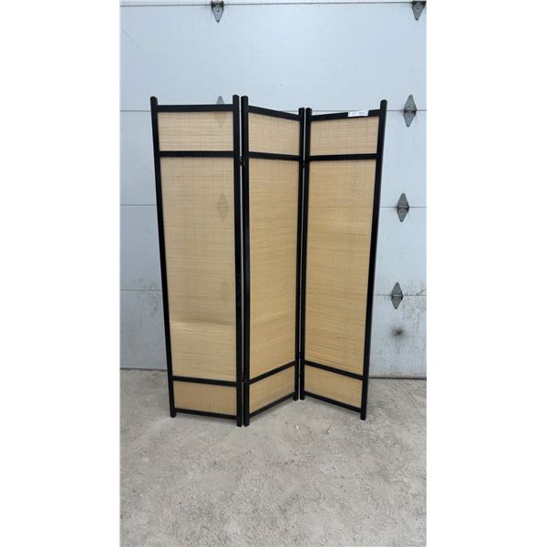 Three-Panel Folding Room Divider with Black Wood Frame and Woven Bamboo Panels, Each Panel 18 x 69"