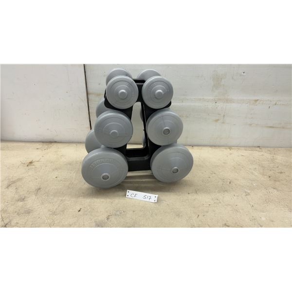 Gray Plastic-Coated Dumbbell Set with Three Pairs and Black Plastic Storage Rack