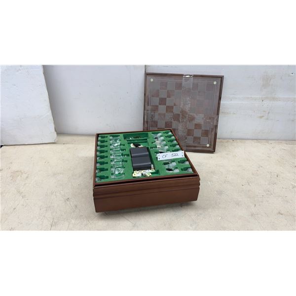 Multi-Game Set with Glass Chess Pieces, Dominoes, Dice, and Wooden Case