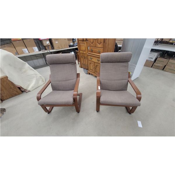Pair of IKEA Poäng Armchairs with Medium Brown Bentwood Frames and Taupe Fabric Cushions
