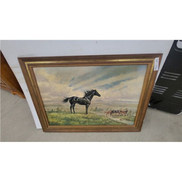 Framed Oil Painting of Rearing Dark Horse in Landscape, Signed Howard Young 30 x 41"