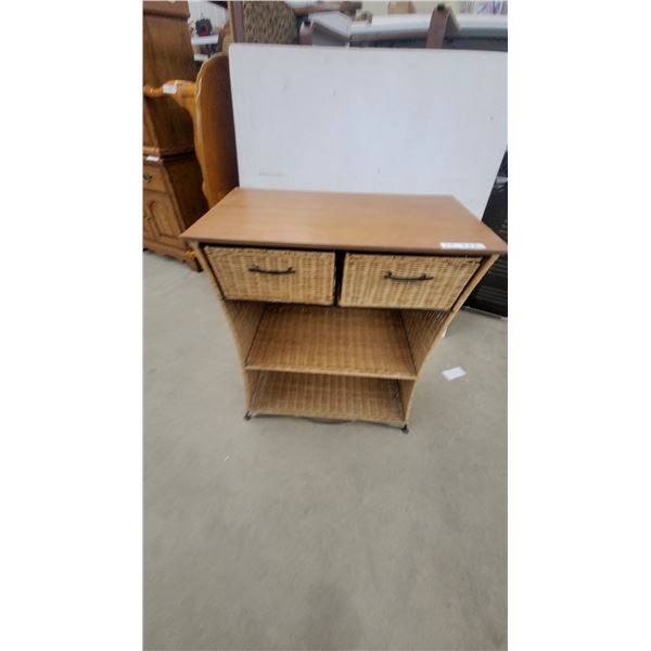 Wicker Console Table with Wood Top, Two Basket Drawers, and Two Open Shelves 31 x 28 x 16"