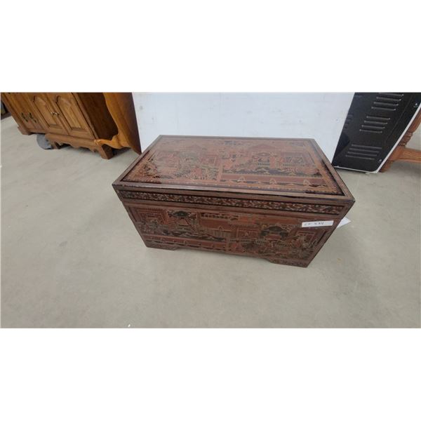 Antique Chinese Polychrome Lacquered Wood Storage Box with Narrative Scenes 15 x 30 x 18"