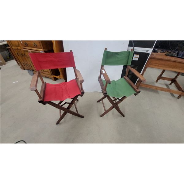 Two Wooden Folding Director's Chairs with Red and Green Canvas Seats and Backs