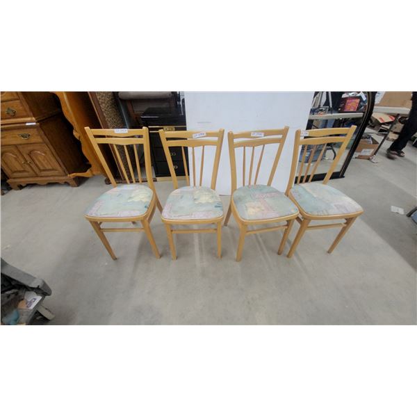 Set of Four Light Wood Spindle-Back Dining Chairs with Pastel Upholstered Seats