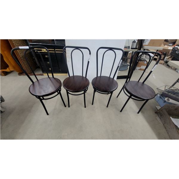 Set of Four Black Metal Bistro Chairs with Round Dark Stained Wood Seats