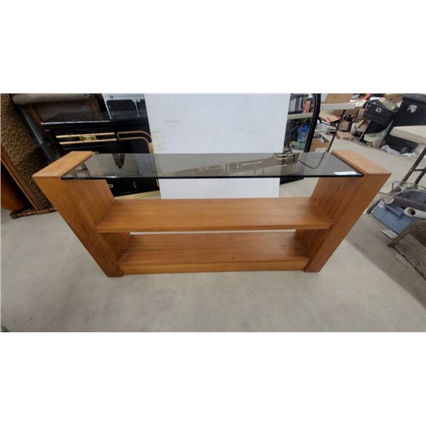 Mid-Century Modern Teak Console Table with Smoked Glass Top and Open Shelf 29 x 11 x 57"