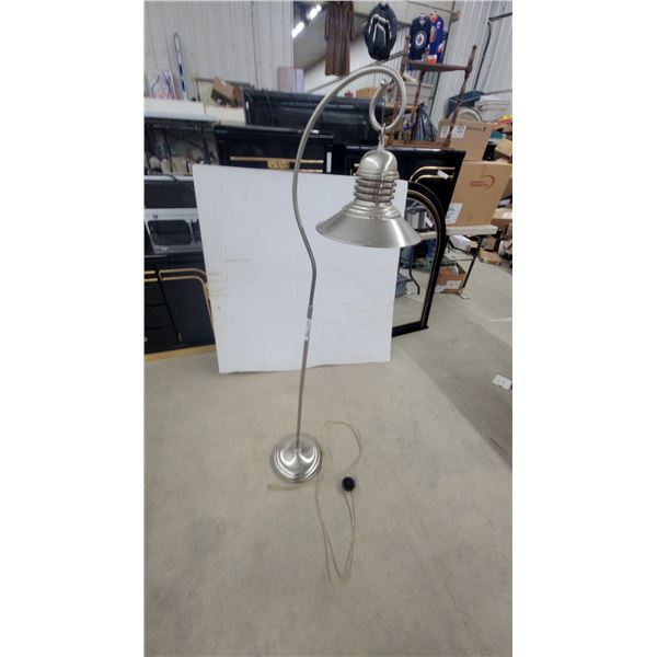 Brushed Nickel Arc Floor Lamp with Bell-Shaped Metal Shade and Round Base