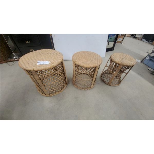 Set of Three Nesting Woven Rattan Drum Stools/Side Tables in Graduated Sizes Biggest 18 x 17"