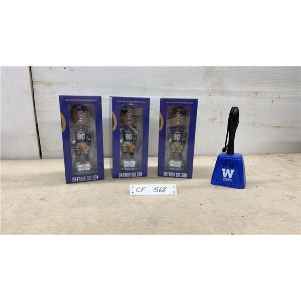 Ontaria Wilson #80 Winnipeg Blue Bombers Bobbleheads and Signed Cowbell
