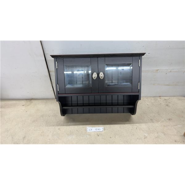Black Wall-Mounted Cabinet with See-Through Paneled Doors and Towel Bar