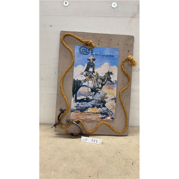 Colt's "The Arm of Law and Order" Reproduction Metal Sign on Wood Plaque with Rope and Spurs